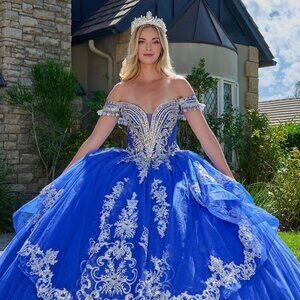 New Royal Blue Quinceanera Tulle Gown w/ Layered Gown w/ Boned Bodice GL3805